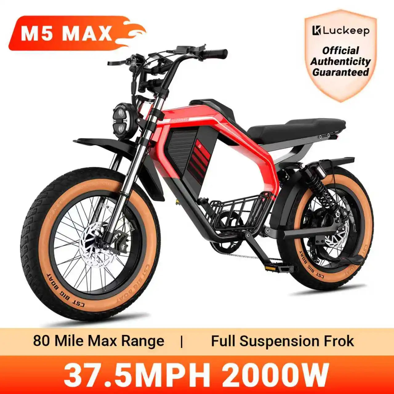 Luckeep M5 MAX Electric Bike for Adults,2000W Peak Motor,37.5MPH, 52V 20AHBattery Ebike,80 Miles 20" Fat Tire Electric Dirtbike