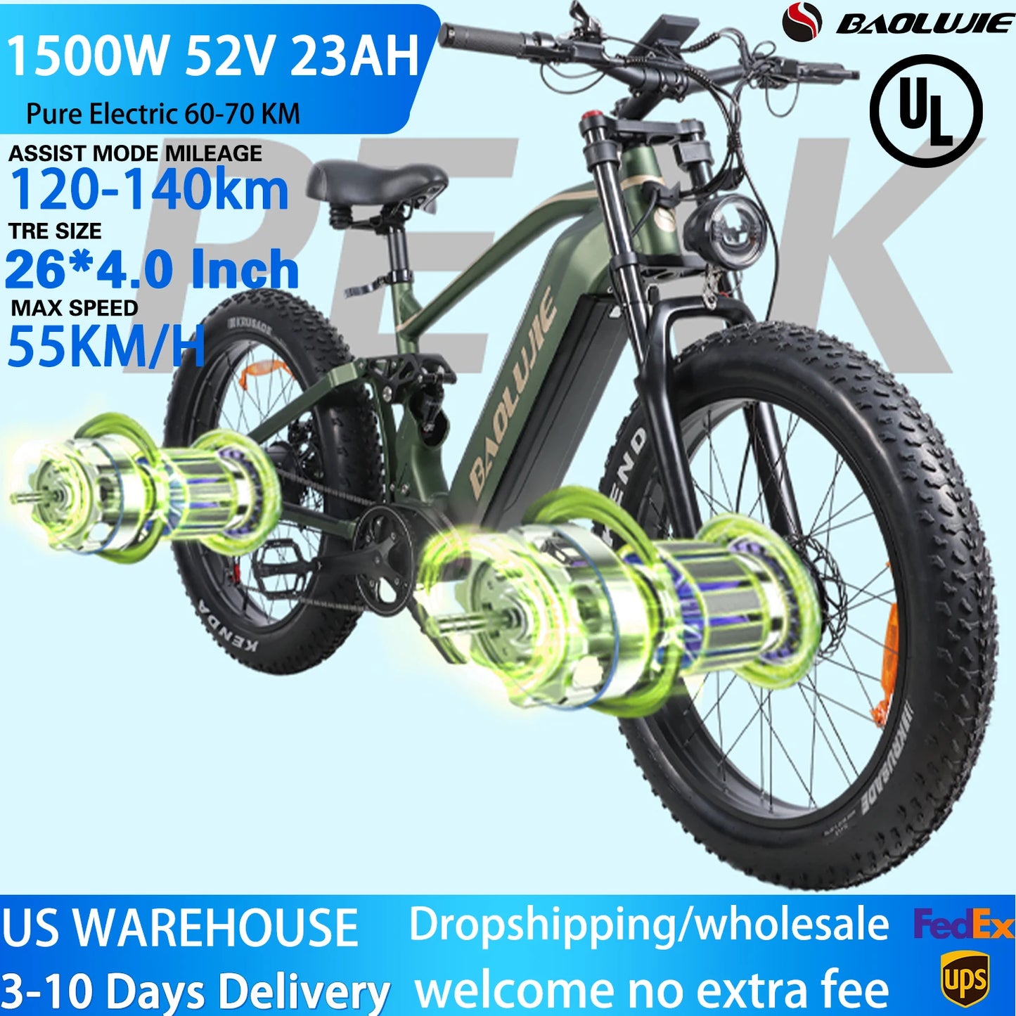1500W Ebike Mountain E-bike 26 Inch Fat Tire 52V23AH Battery Electric Bicycle Max Speed 55KM/H Electric Bike for Adults Off-road