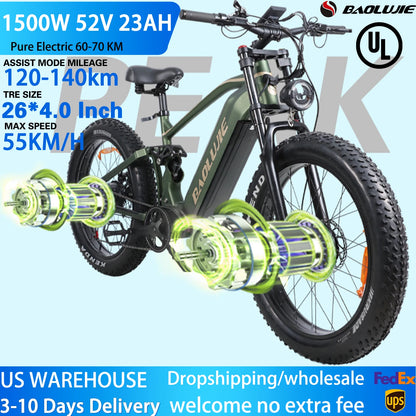 1500W Ebike Mountain E-bike 26 Inch Fat Tire 52V23AH Battery Electric Bicycle Max Speed 55KM/H Electric Bike for Adults Off-road